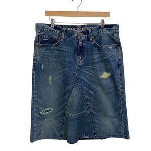 American Eagle Y2K 90's‎ Denim Skirt Distressed Blue Jean Slim Fit Casual 34/14